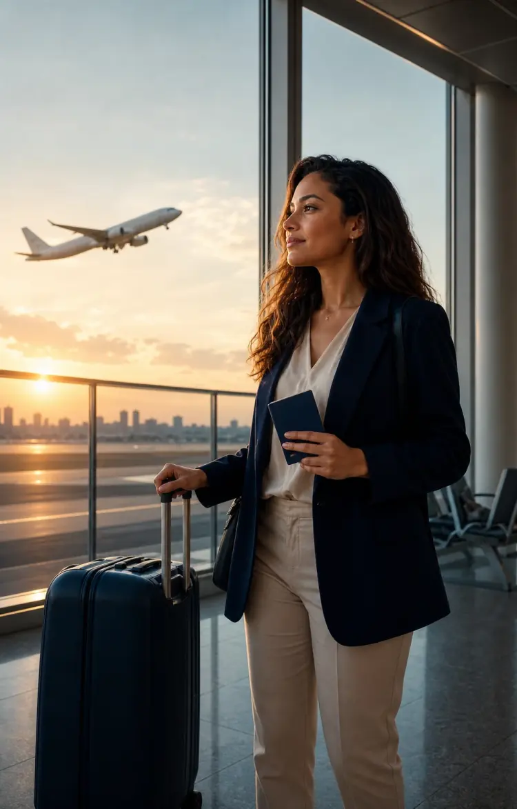 Viajante com passaporte e mala observando uma aeronave ao nascer do sol